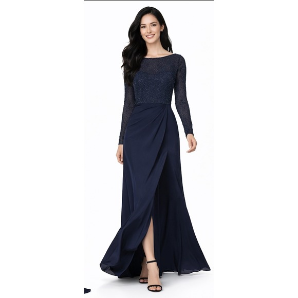 La Femme 24895 Navy Beaded Illusion Long Sleeve Prom Gown NWT Size 6 $420 MSRP - Picture 2 of 16